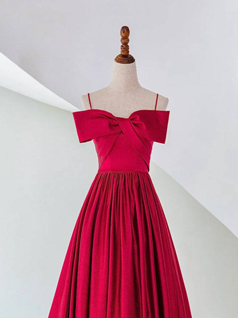 A-Line Off Shoulder Satin Red Long Prom Dress, Satin Long Formal Dress