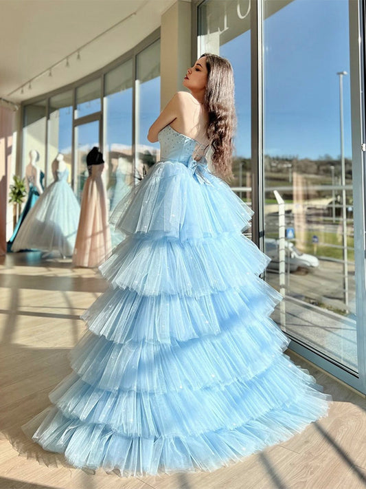 Unique Sweetheart Neck High Low Tulle Blue Prom Dress,Blue Tulle Formal Dress