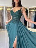 A-Line V Neck Chiffon Lace Green Long Prom Dress, Green Long Graduation Dress