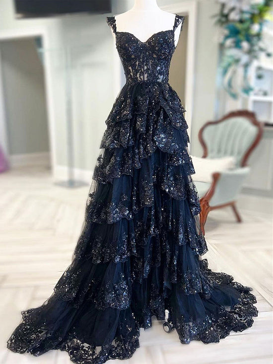 A-Line Sweetheart Neck Tulle Sequin Black Long Prom Dress, Sequin Blac