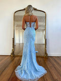Blue Sweetheart Neck Lace Tulle Mermaid Long Prom Dress, Blue Formal Dress