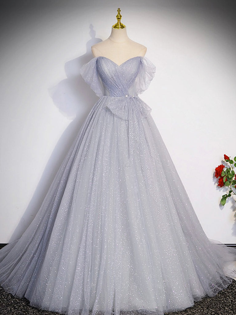 A-Line Off Shoulder Tulle Long Gray Prom Dress, Gray Formal Dresses