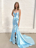 Simple V Neck Mermaid Blue Long Prom Dress, Blue Long Evening Dress