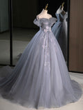 A-Line Off Shoulder Tulle Lace Gray Blue Long Prom Dress, Gray Blue Long Formal Dress