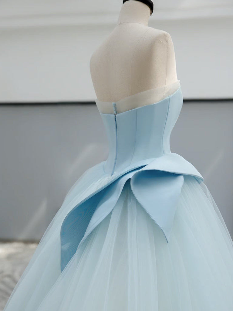 A-Line Satin Tulle Blue Long Prom Dress, Blue Long Formal Dress