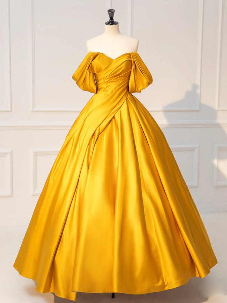 Yellow Off Shoulder Satin Long Prom Dress, Yellow Long Evening Dress