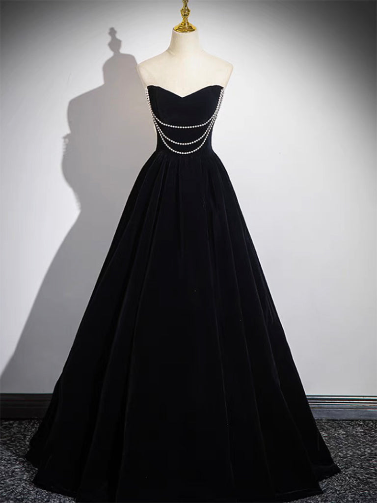A-Line Black Velvet Long Prom Dress, Black Long Evening Dress