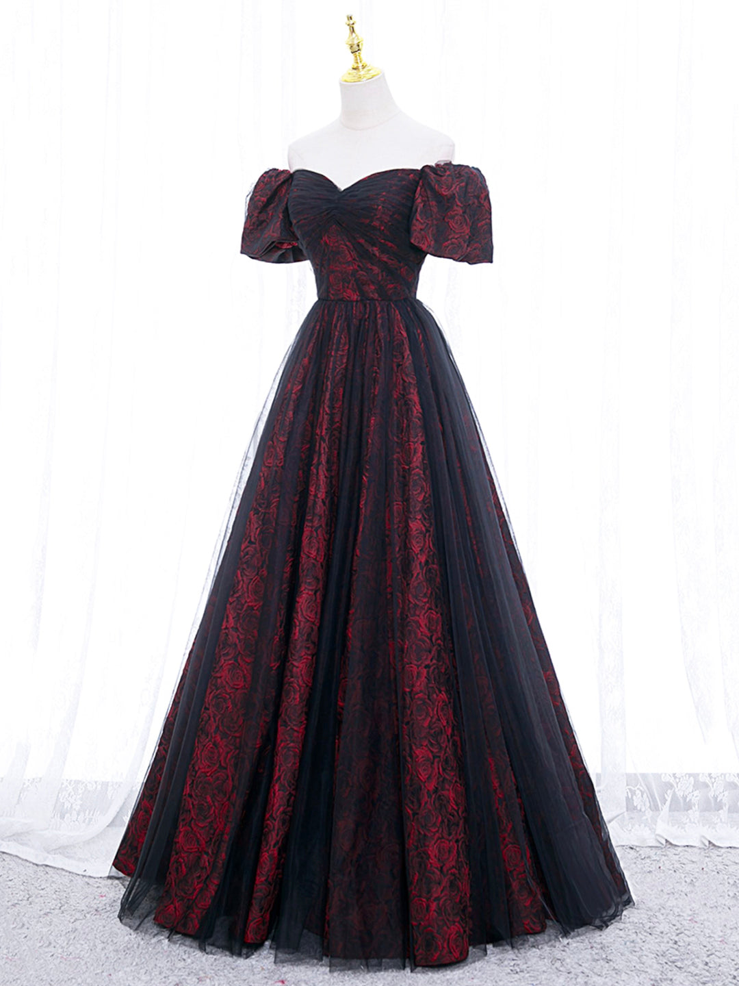 A-Line Tulle Lace Black/burgundy Long Prom Dress, Black/Burgundy Long dresstby A-Line Tulle Lace Black/burgundy Long Prom Dress, Black/Burgundy Long dresstby