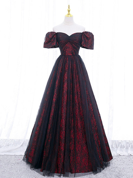 A-Line Tulle Lace Black/burgundy Long Prom Dress, Black/Burgundy Long Formal Dress