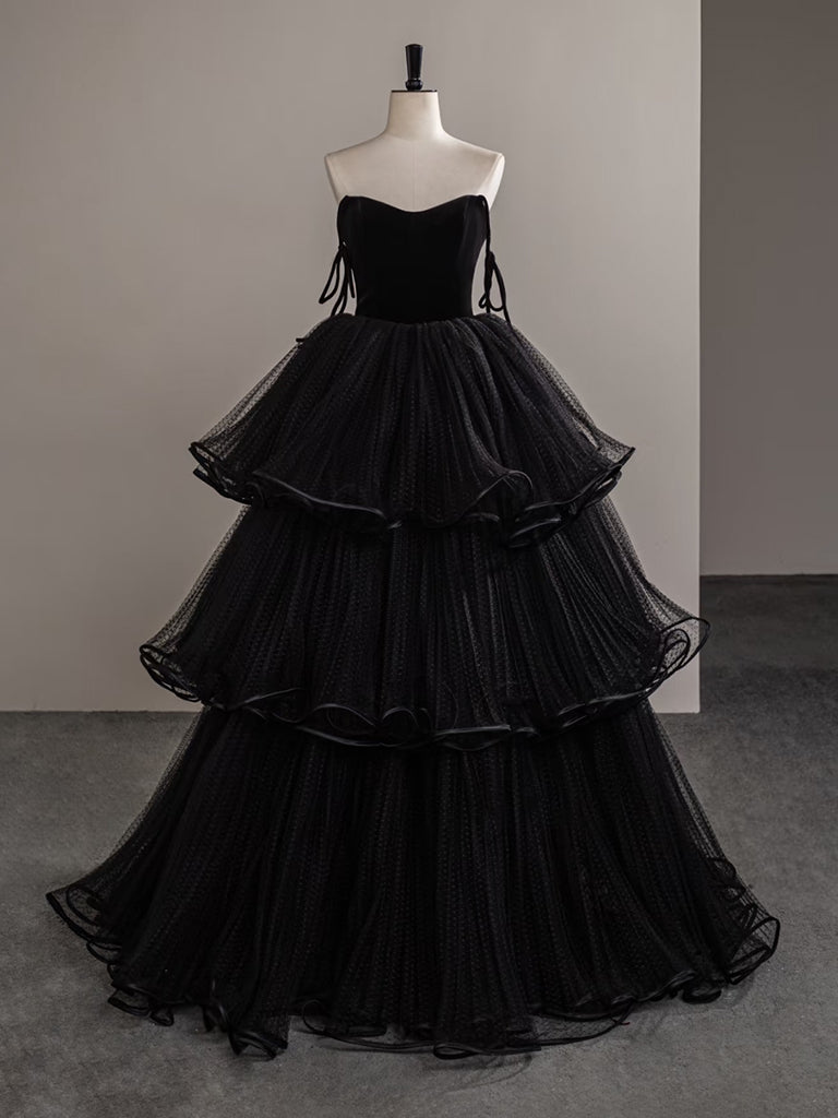 A-Line Sweetheart Neck Tulle Velvet Black Long Prom Dress, Black Long Evening Dress