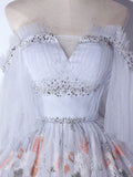 A-Line Tulle Sequin Lace Gray Long Prom Dress, Gray Long Formal Dress