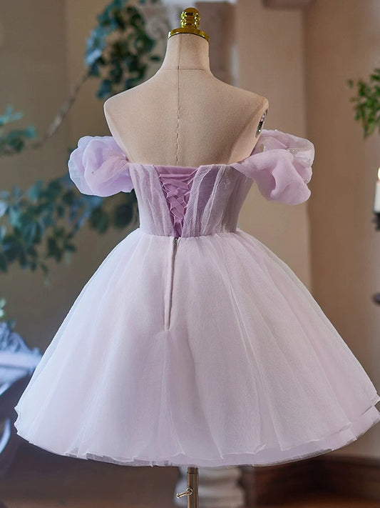 A-Line Sweetheart Neck Tulle Purple Short Prom Dress, Purple Homecoming Dress