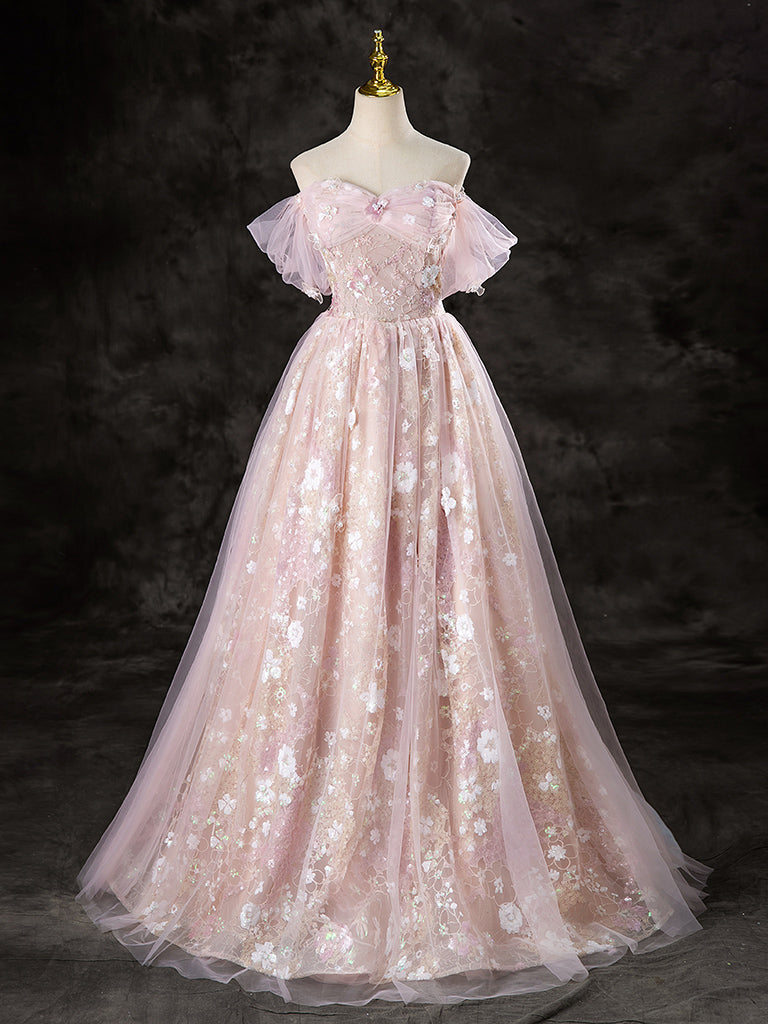 A-Line Off Shoulder Pink Long Prom Dress, Pink Sweet 16 Dress