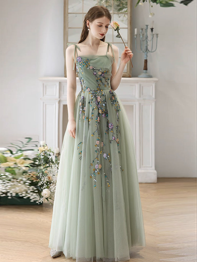 green floral prom dress A-Line Tulle Beads Green Long Prom Dress, Green Long Formal Dress – dresstby