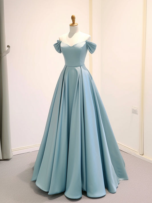 A-Line Off Shoulder Satin Blue Long Prom Dress, Blue Long Formal Dress