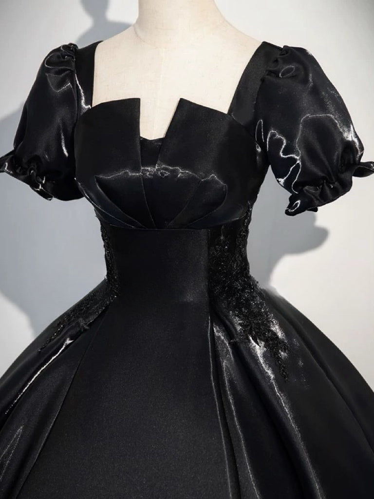 A-Line Short sleeve Satin Black Long Prom Dress, Black Long Evening Dress