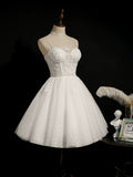 A-Line Sweetheart Neck Tulle Lace White Short Prom Dress, White Homecoming Dress