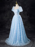 A-Line Tulle Sequin Lace Blue Long Prom Dress, Blue Long Formal Dress