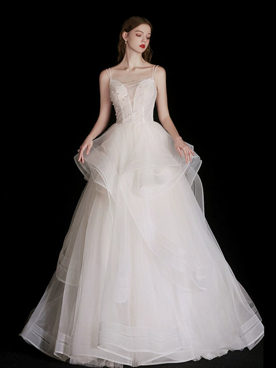 White Tulle Beads Long Prom Dress, White Tulle Long Formal Dresses main image 1