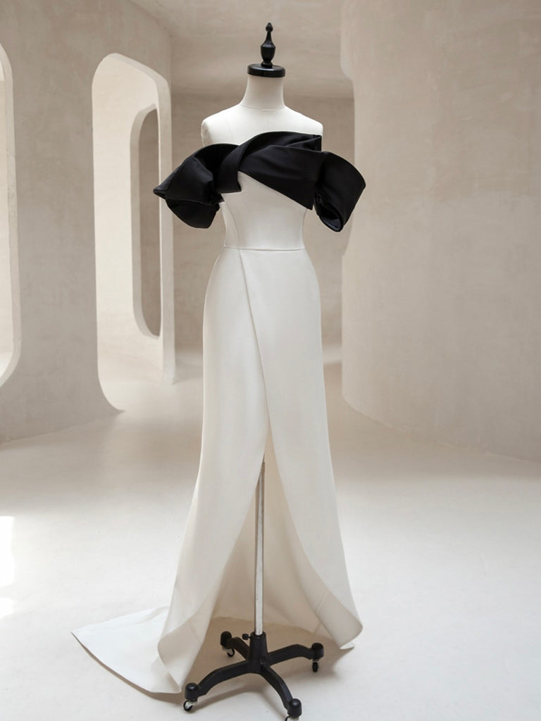 Simple Off Shoulder Satin Black/White Long Prom Dress