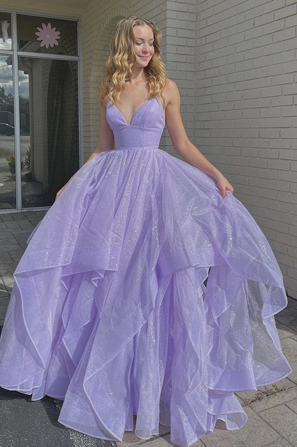 Purple v neck tulle long prom dress purple evening dress