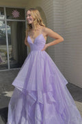 Purple v neck tulle long prom dress purple evening dress