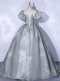 Gray round neck satin long prom dress, gray sweet 16 dress