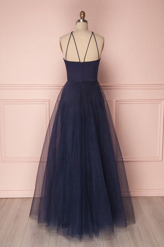 Simple dark blue tulle long prom dress, blue tulle evening dress