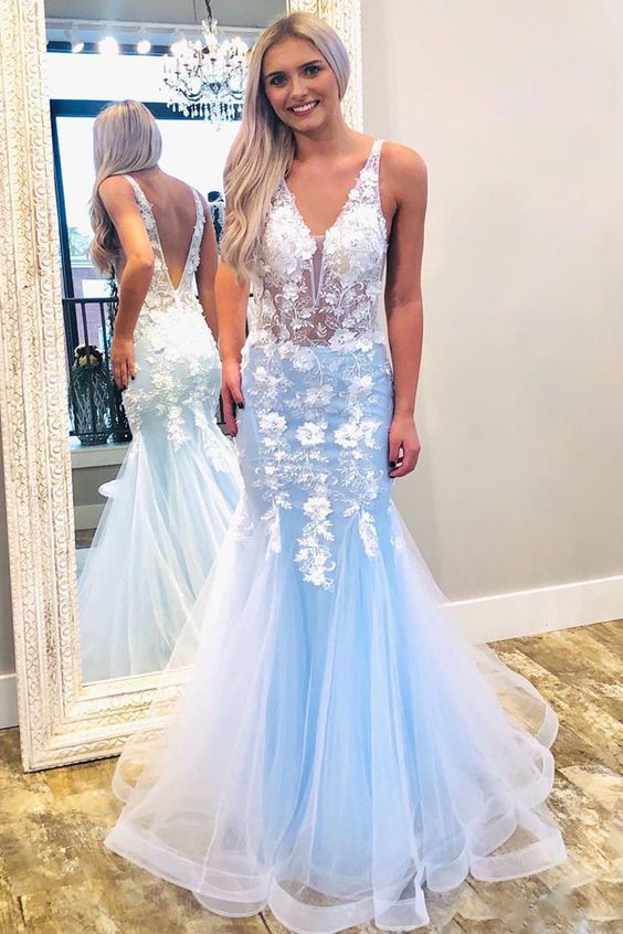 Blue tulle lace mermaid long prom dress blue evening dress