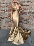 Simple gold satin mermaid long prom dress, gold evening dress