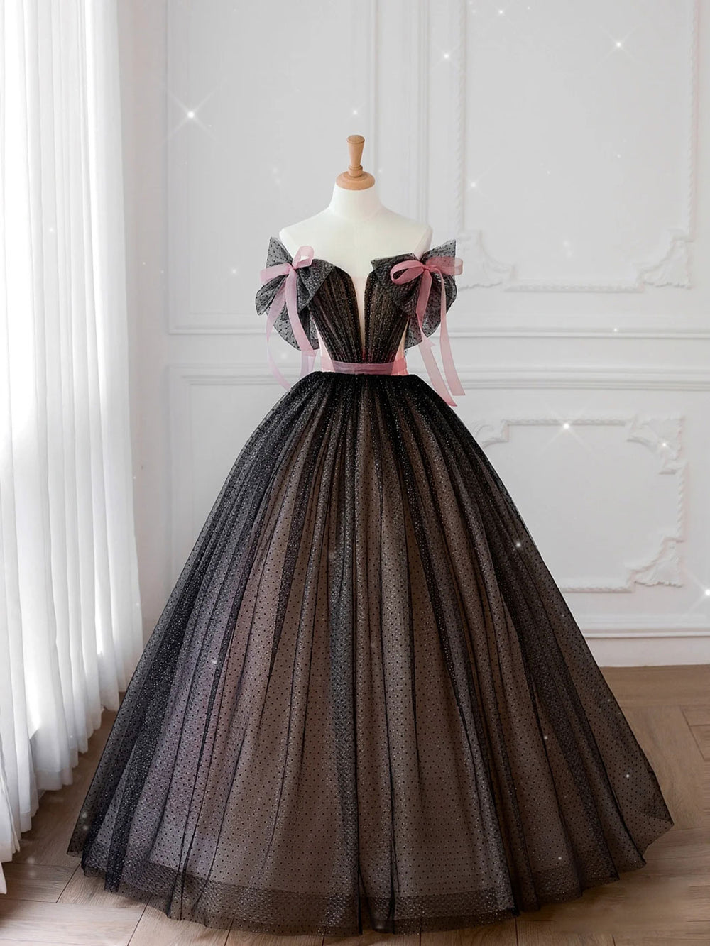 Black off shoulder tulle long prom dress, black tulle formal dress dresstby Black off shoulder tulle long prom dress, black tulle formal dress dresstby