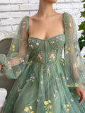 Green tulle lace tea length prom dress, green evening dress