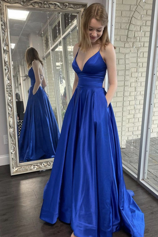 Simple blue v neck satin long prom dress blue formal dress