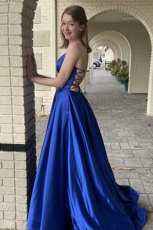 Simple blue v neck satin long prom dress blue formal dress