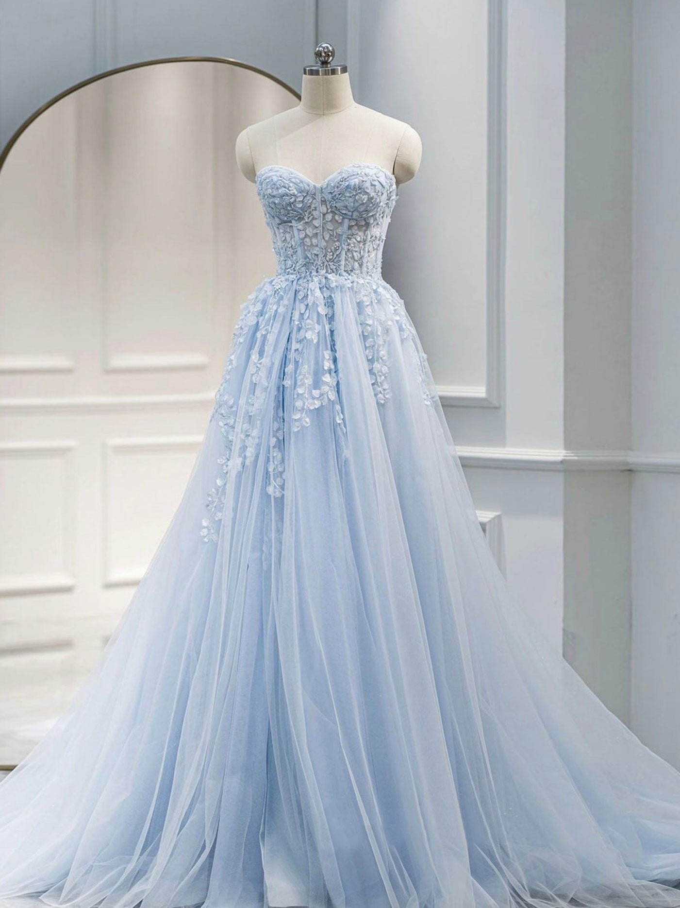 A line sweetheart neck blue lace long prom dress, blue formal dress