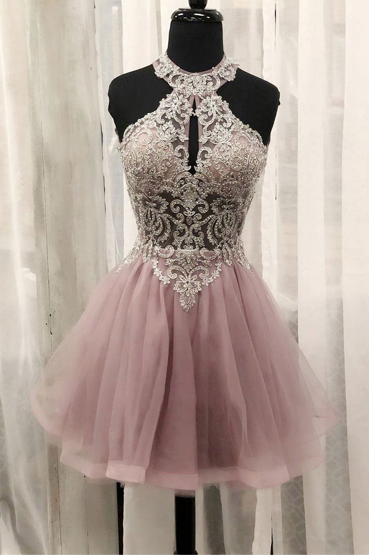 Pink tulle lace short prom dress pink homecoming dress