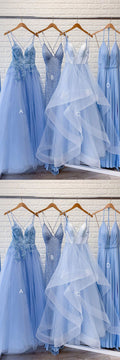 Blue lace tulle long prom dress blue formal dress