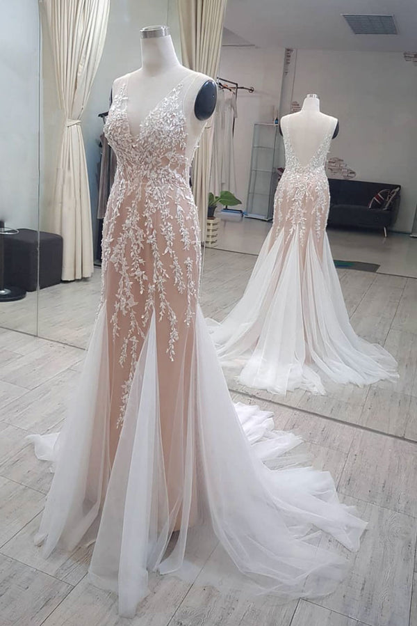 Champagne tulle mermaid long prom dress, tulle lace evening dress