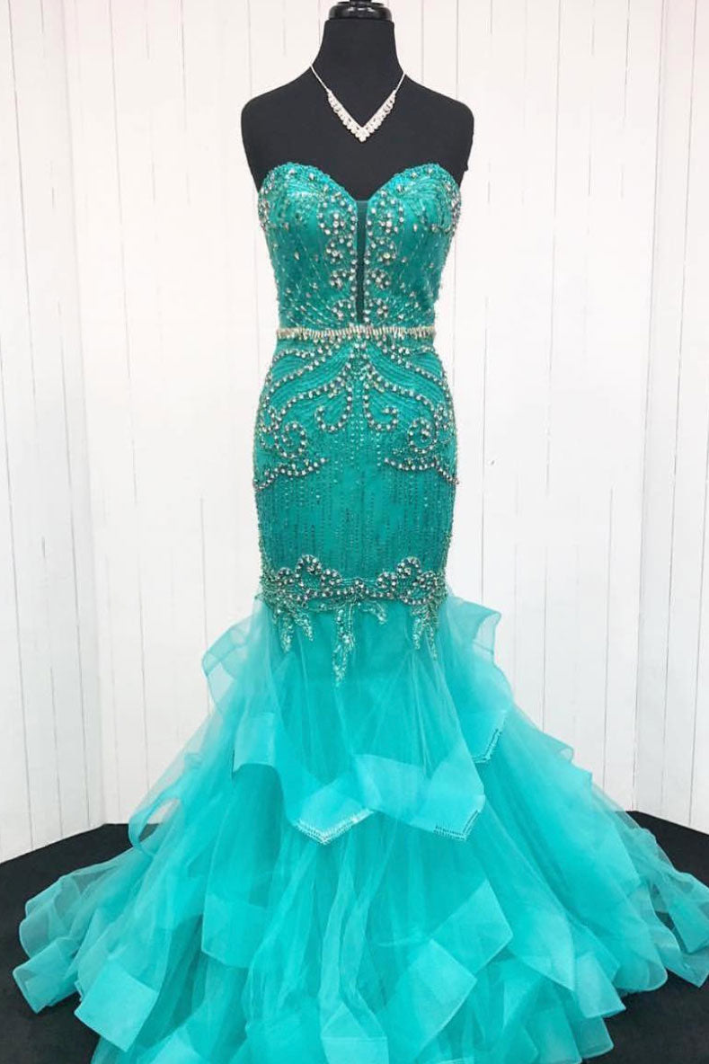 Green sweetheart tulle beads long prom dress, green evening dress