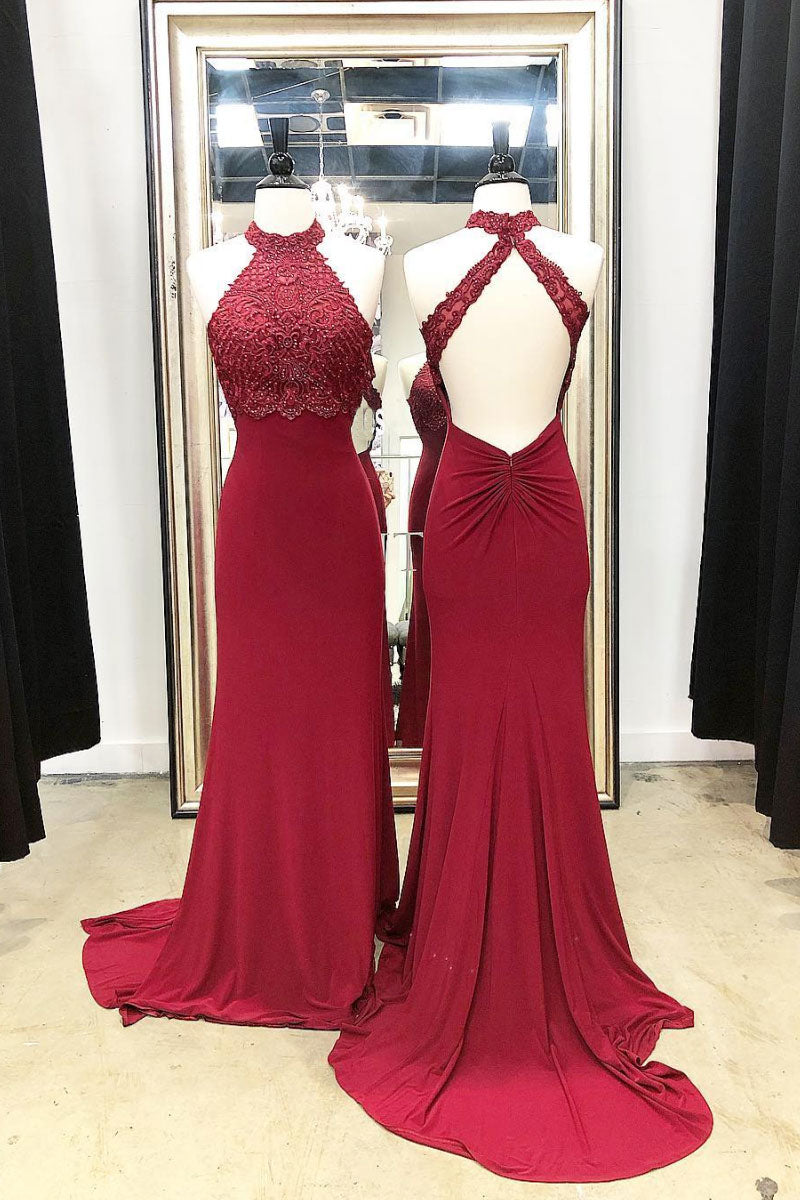 Burgundy chiffon lace mermaid long prom dress, burgundy formal dress