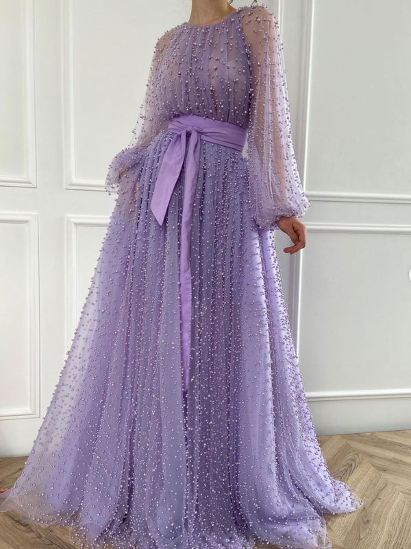 Purple round neck tulle beads long prom dress, purple evening dress