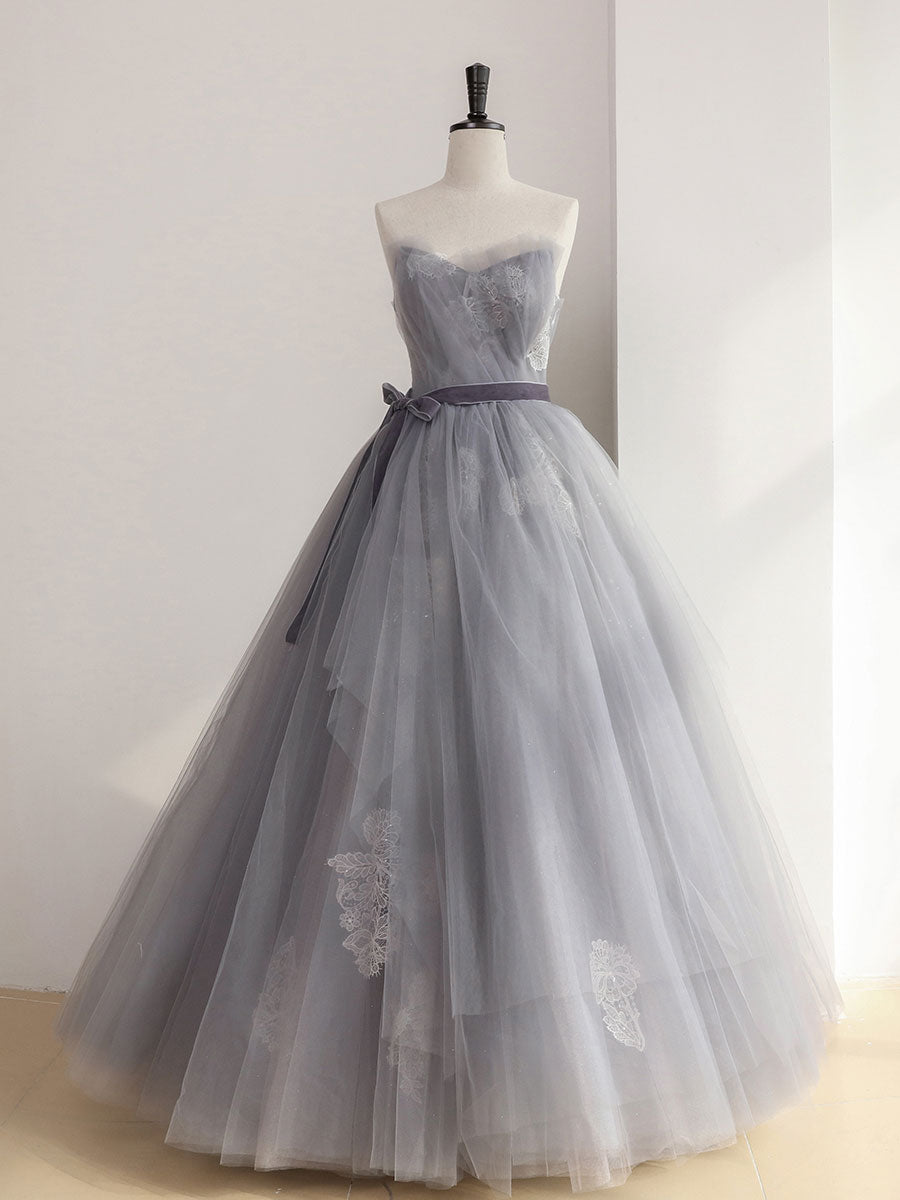 Gray tulle lace long prom dress, gray sweet 16 dress
