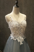 Gray sweetheart neck lace applique tulle long prom dress, gray evening dress
