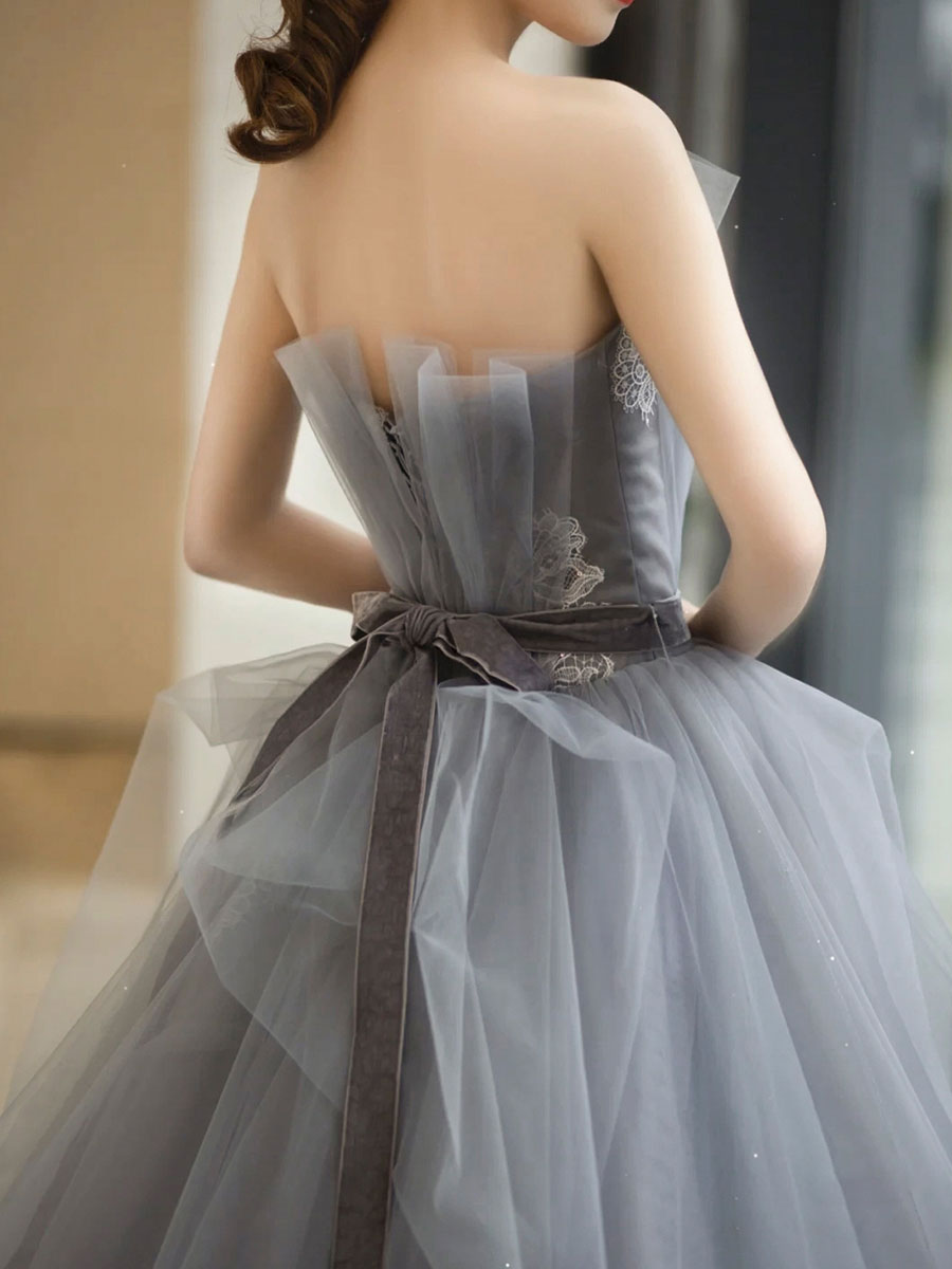 Gray tulle lace long prom dress, gray sweet 16 dress