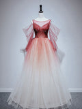 Burgundy round neck tulle beads long prom dress, burgundy evening dress