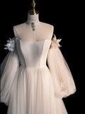 Champagne A line tulle long prom dress long sleeves tulle long formal dress