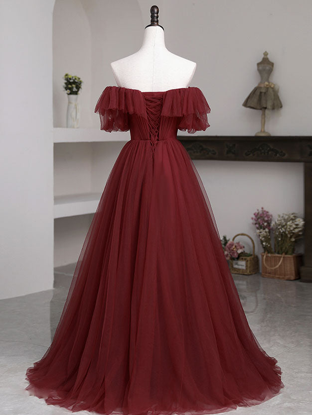 Simple A line burgundy tulle long prom dress, burgundy tulle formal dress