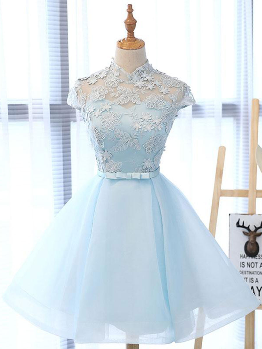 Blue high neck tulle lace short prom dress blue cocktail dress