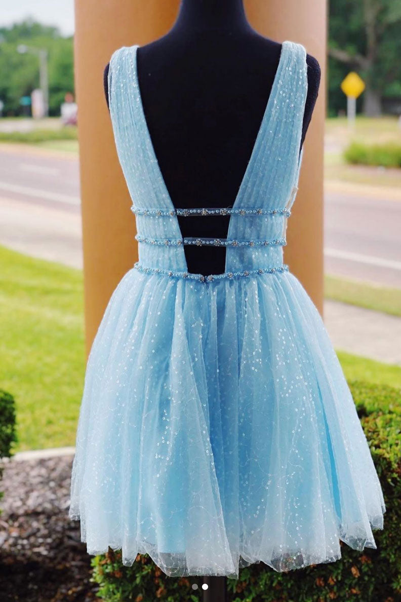 Blue v neck tulle short prom dress, blue tulle homecoming dress