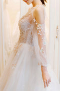 Unique round neck tulle lace long wedding dress. bridal dress